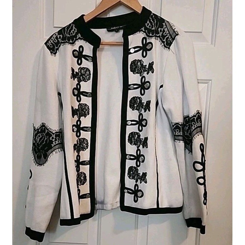 Womens Cardigan Open Large Andrew Yu White Black Embroidered Y2k